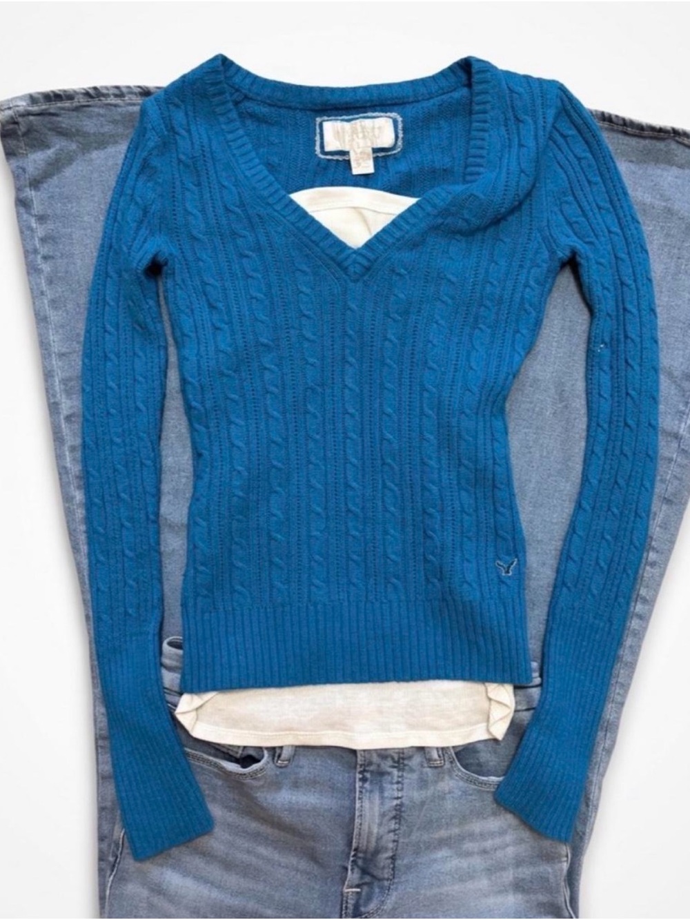vintage y2k american eagle brilliant blue cable knit fitted sweater grail fall